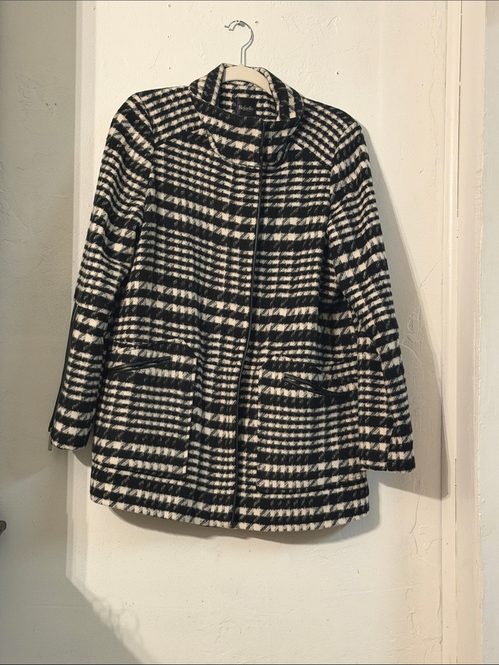 Rafaella Black and White brushed car Coat with faux leather details